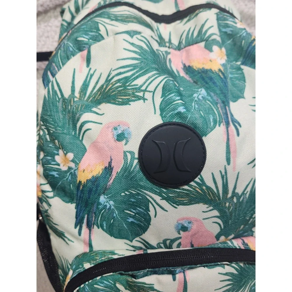 Hurley‎ Backpack Tropical Parrot Green Pink Black Front Pocket Adjustable Straps